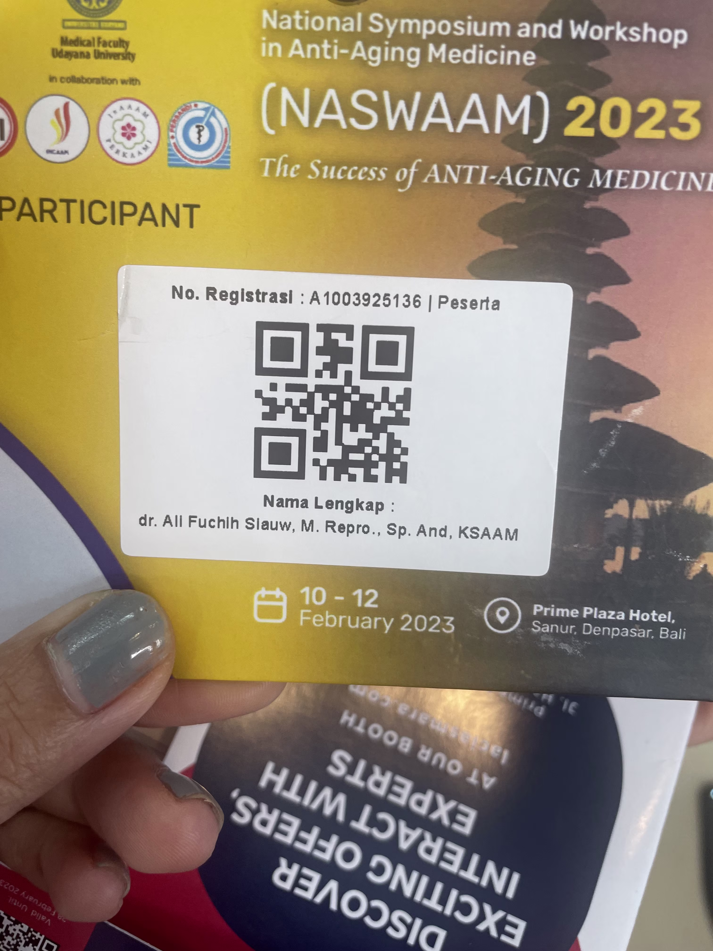 The official NASWAAM 2023 event registration card for dr. Ali Fuchih Siauw, M.Repro, Sp.And(K)