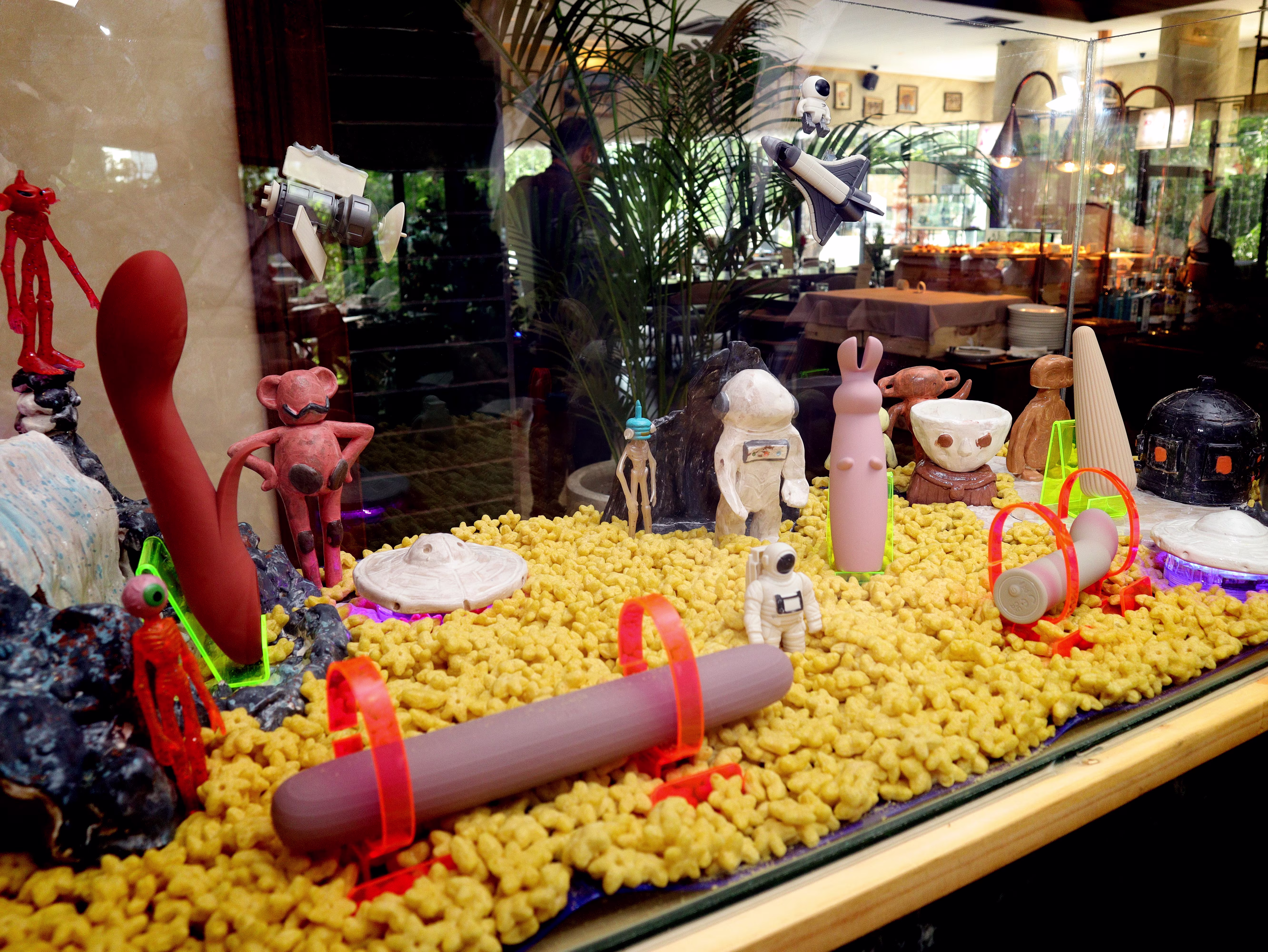 A product display showcased inside an aquarium at the Dasa Asmara Bersua even